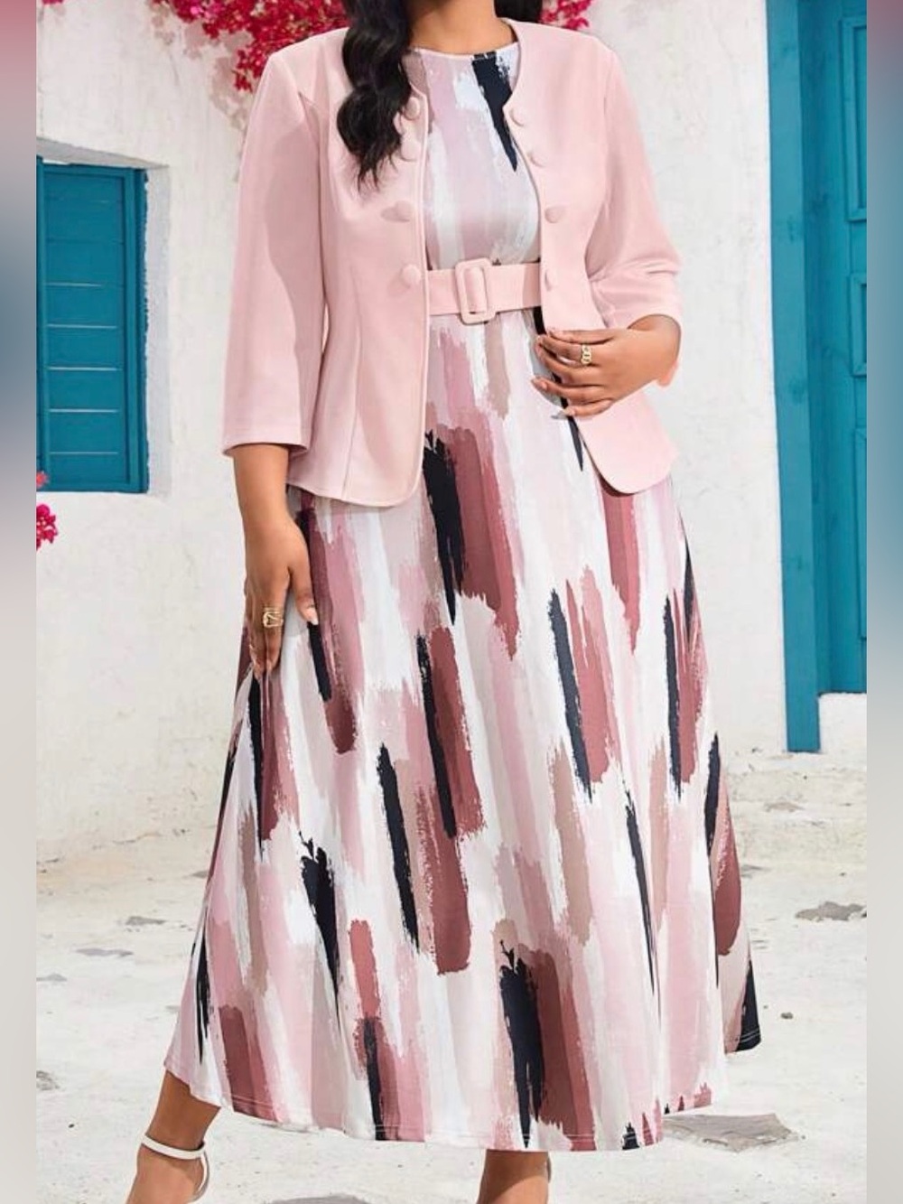 2Pcs Pink Brushstroke Print Belted Maxi Dress with Matching Jacket